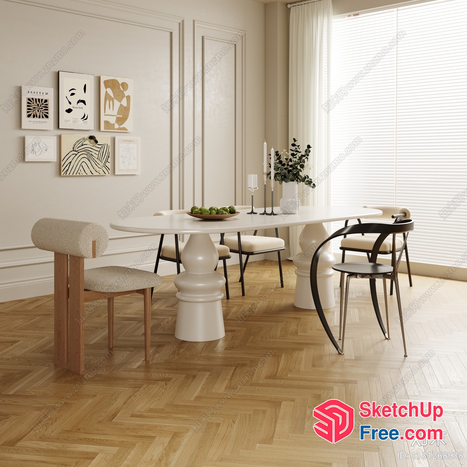 Elegant Creamy Style Dining Room With Pillar Legs 3D SketchUp File