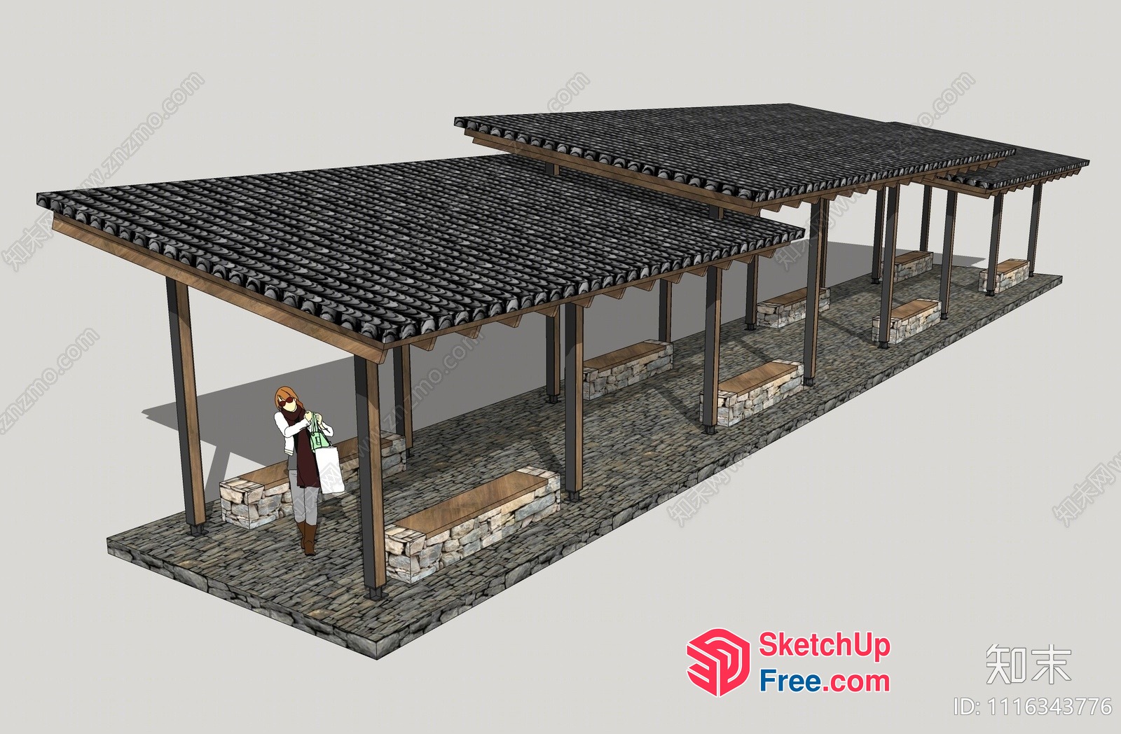 Asian-Style Outdoor Seating Area With Stone Flooring 3D SketchUp File