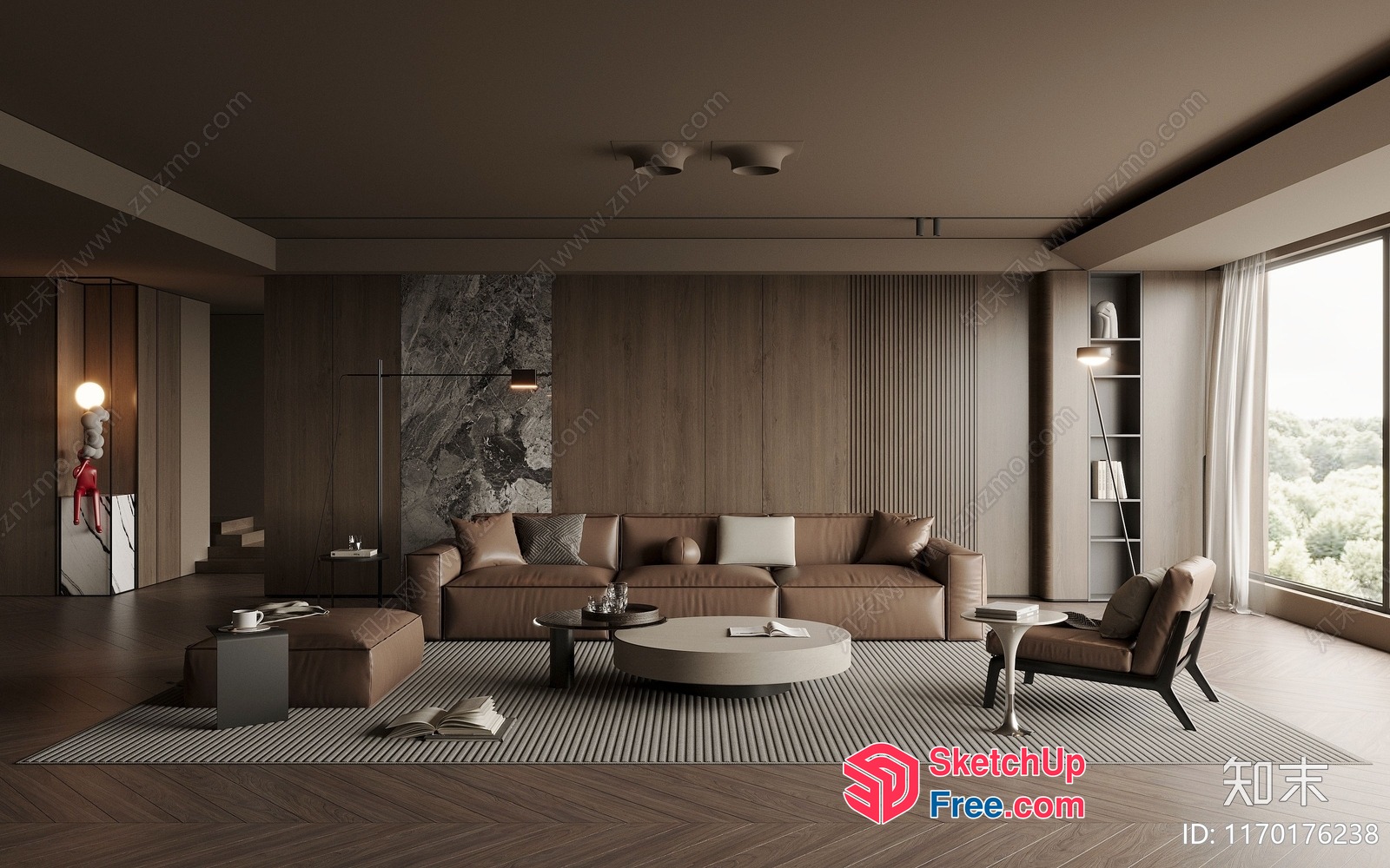 Modern Living Room With Leather Sofa And Wooden Floor 3D SketchUp File