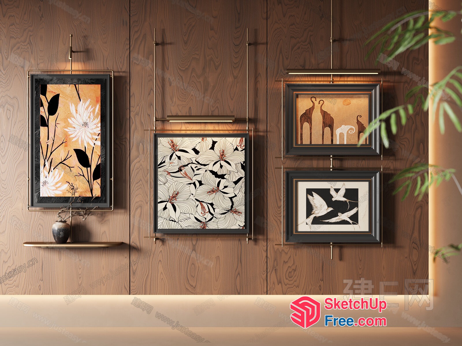 Elegant Wood Panelled Wall With Framed Artwork 3D SketchUp File