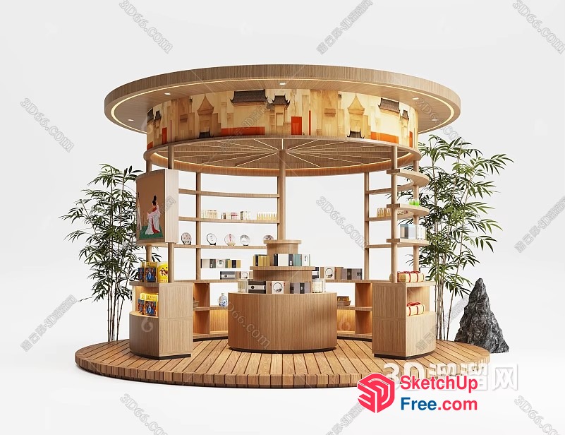 Modern Wooden Kiosk With Round Roof And Shelves 3D SketchUp File