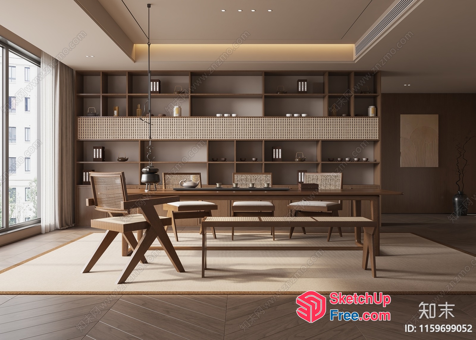 Modern Japanese Dining Room With Rattan Furniture And Natural Wood 3D SketchUp File