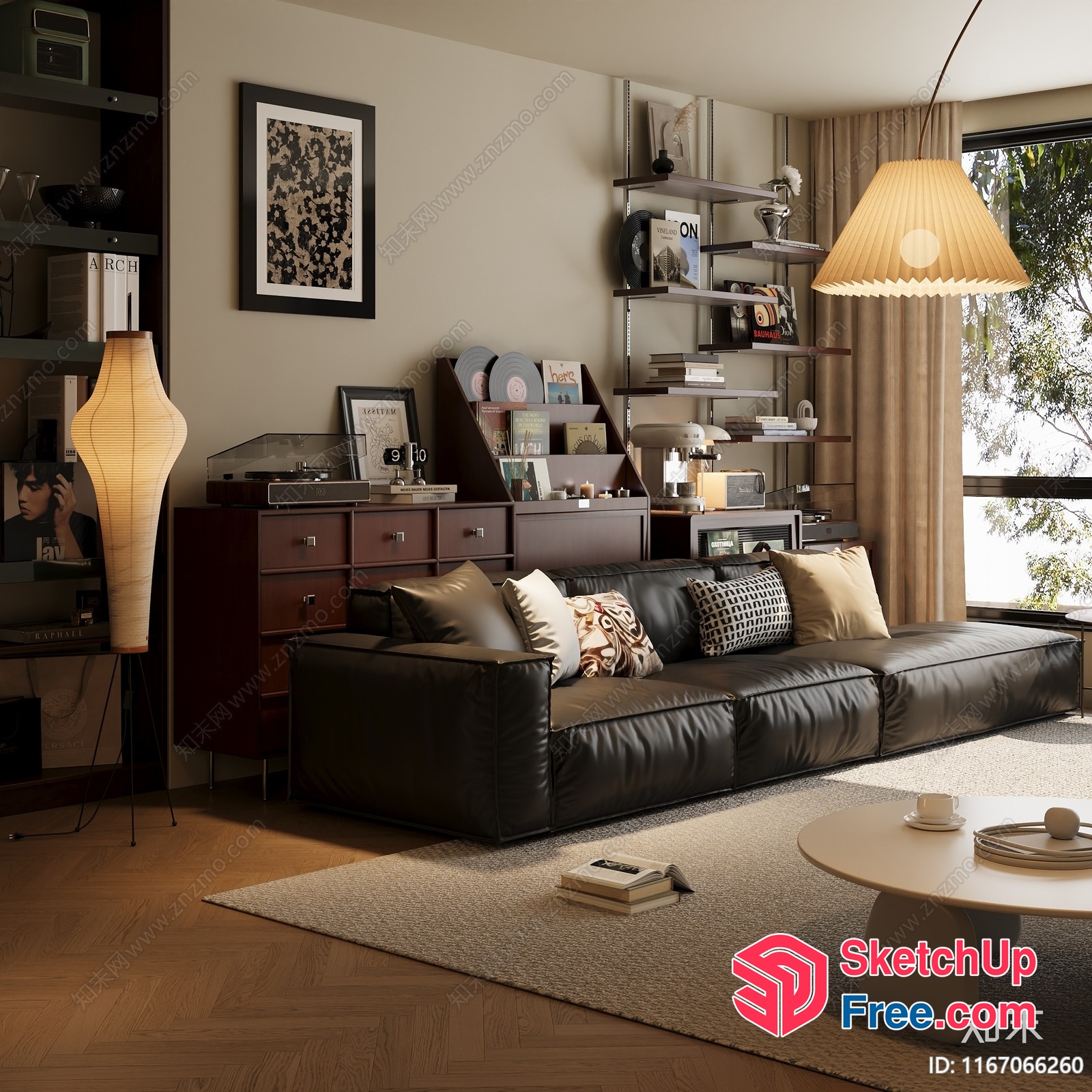 Vintage Modern Living Room With Black Leather Sofa And Vinyl Record Player 3D SketchUp File