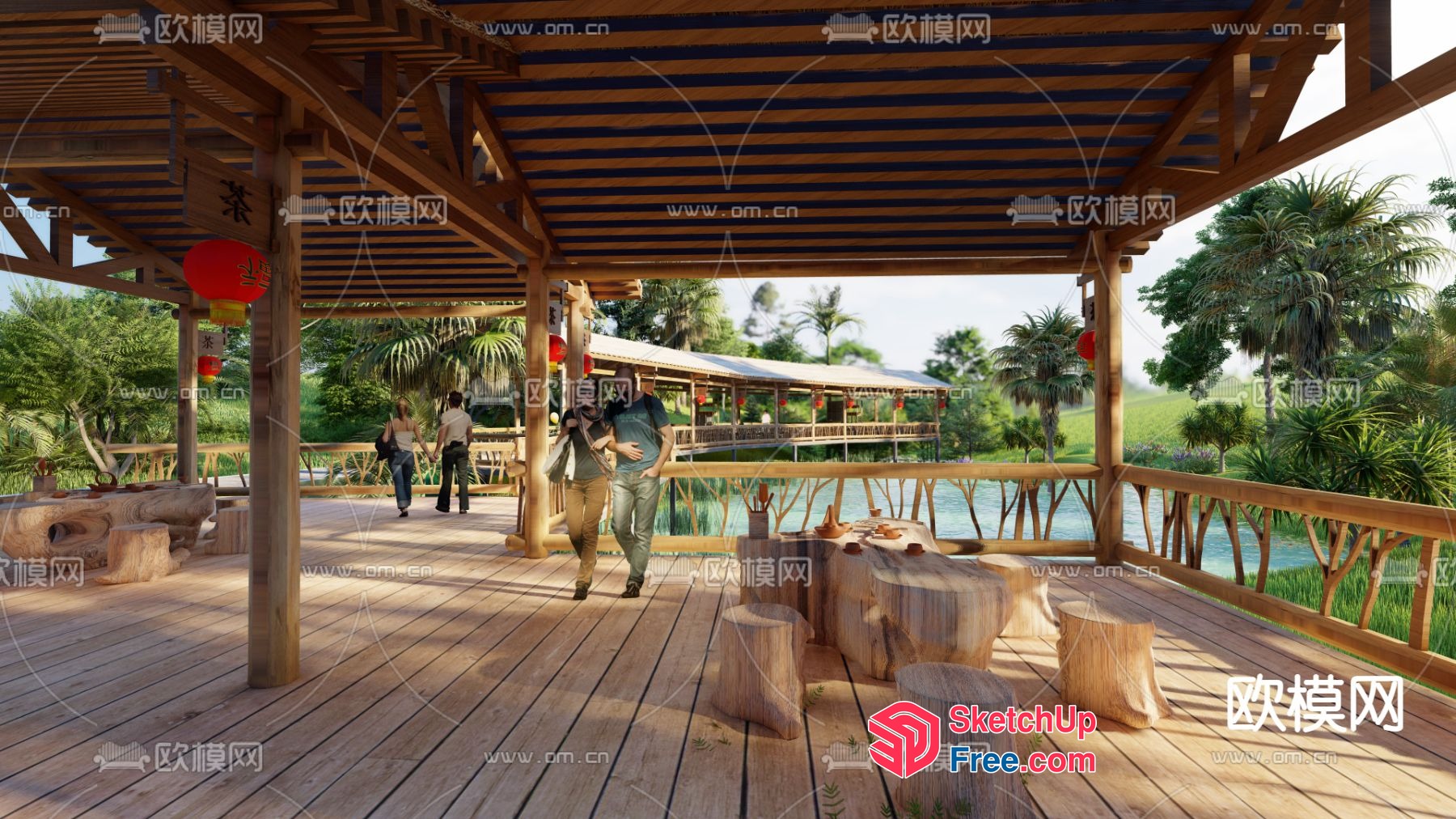 Exterior Wooden Deck With Pillars And Lanterns 3D SketchUp File