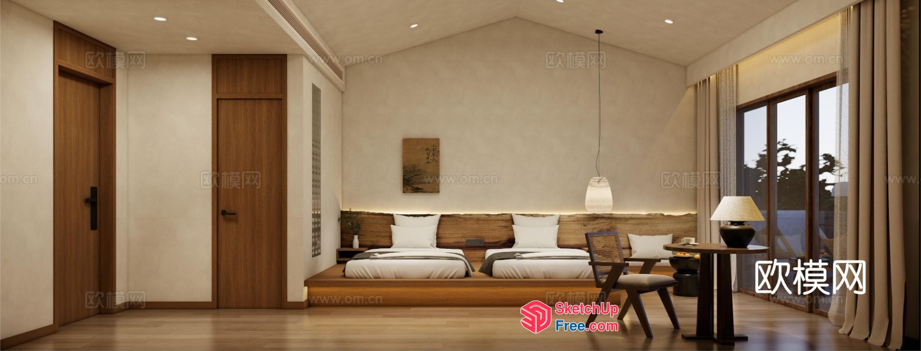 Minimalist Japanese-Style Bedroom With Natural Wood Accents 3D SketchUp File