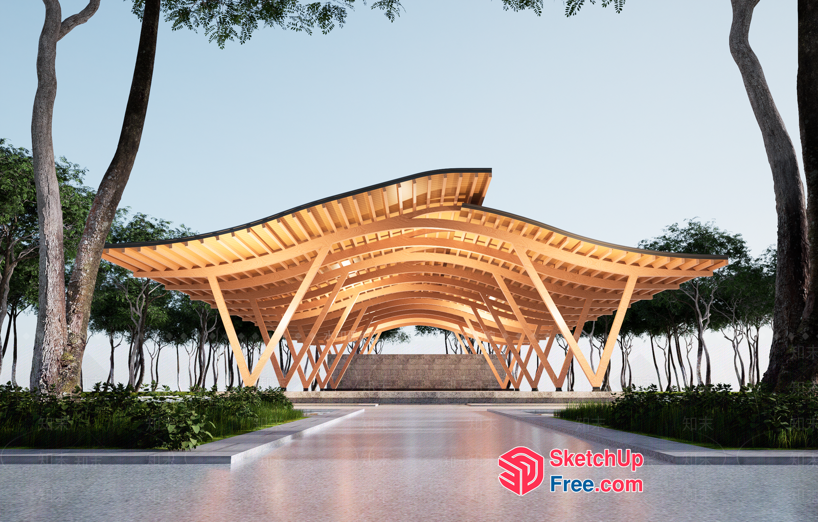 Elegant Wooden Pavilion With Curved Roof 3D SketchUp File