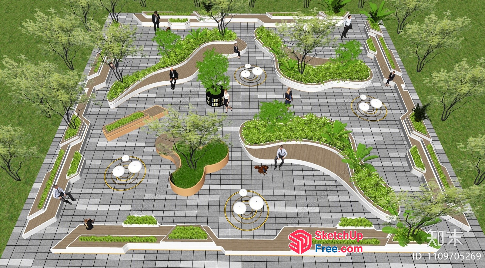 Modern Urban Park Design With Curved Planters And Benches 3D SketchUp File