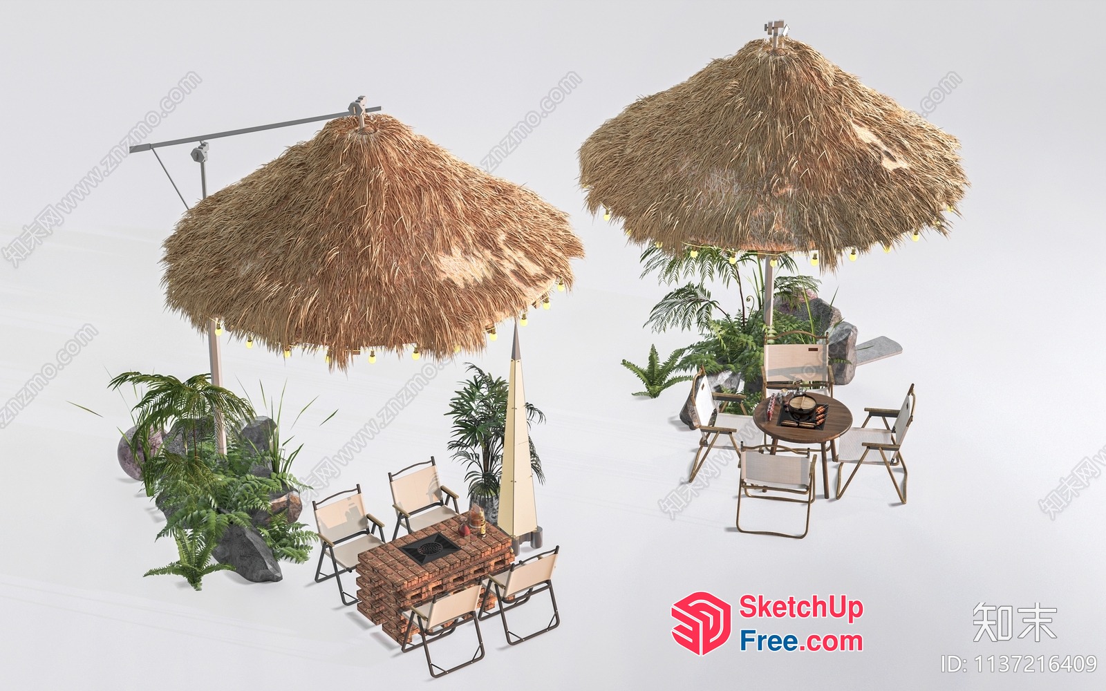 Outdoor Seating Area With Thatched Roofs And Tropical Plants 3D SketchUp File