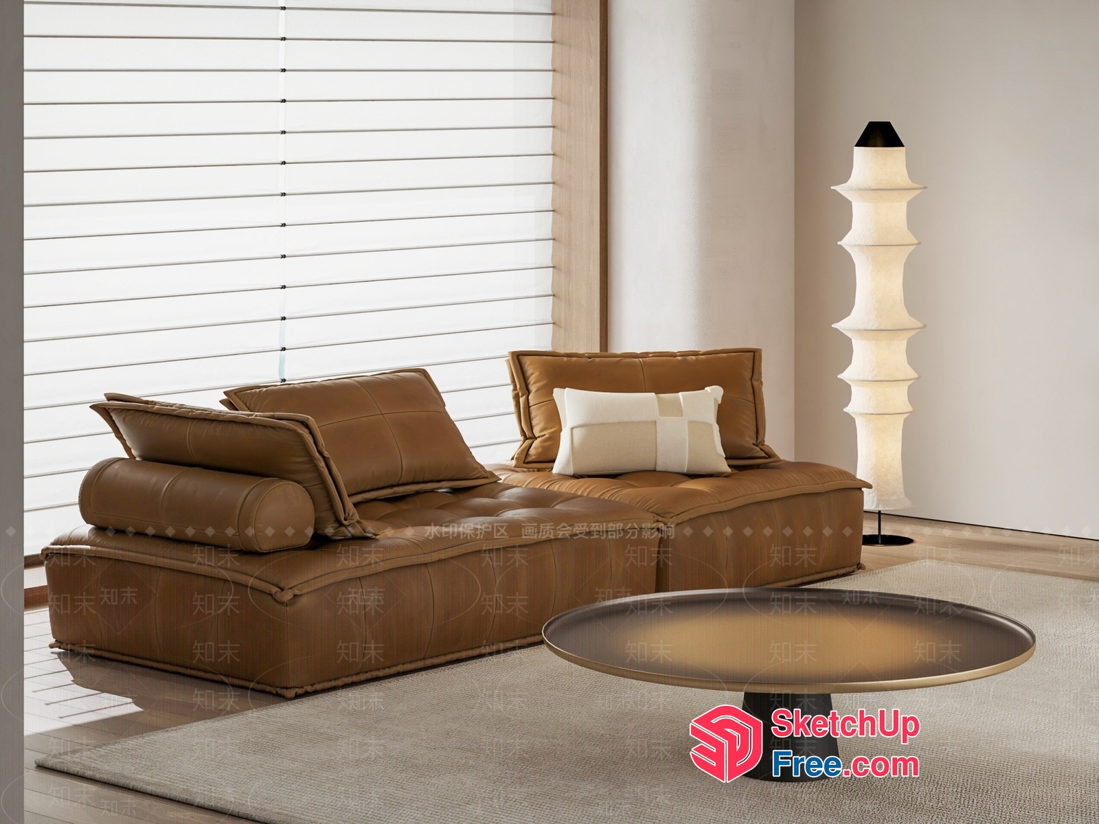 Modern Minimalist Living Room With Brown Leather Sofa And Glass Coffee Table 3D SketchUp File
