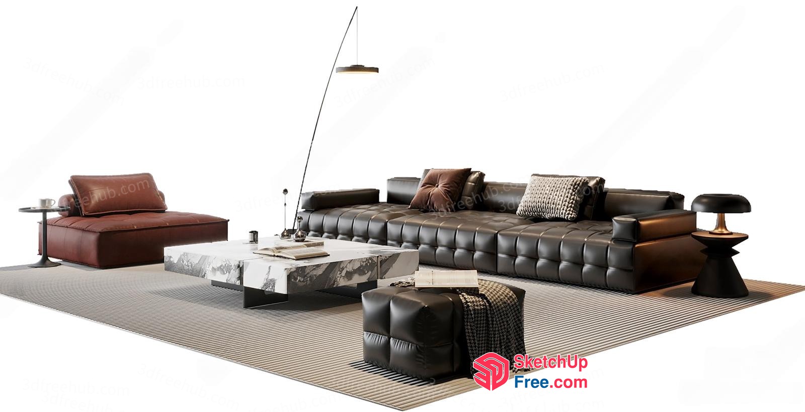 Modern Living Room With Leather Sofa And Marble Coffee Table 3D SketchUp File