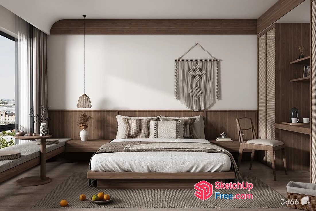 Modern Minimalist Bedroom With Natural Wood Accents 3D SketchUp File
