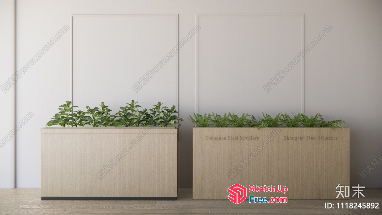 Two Potted Plants In Light Wooden Planters 3D SketchUp File