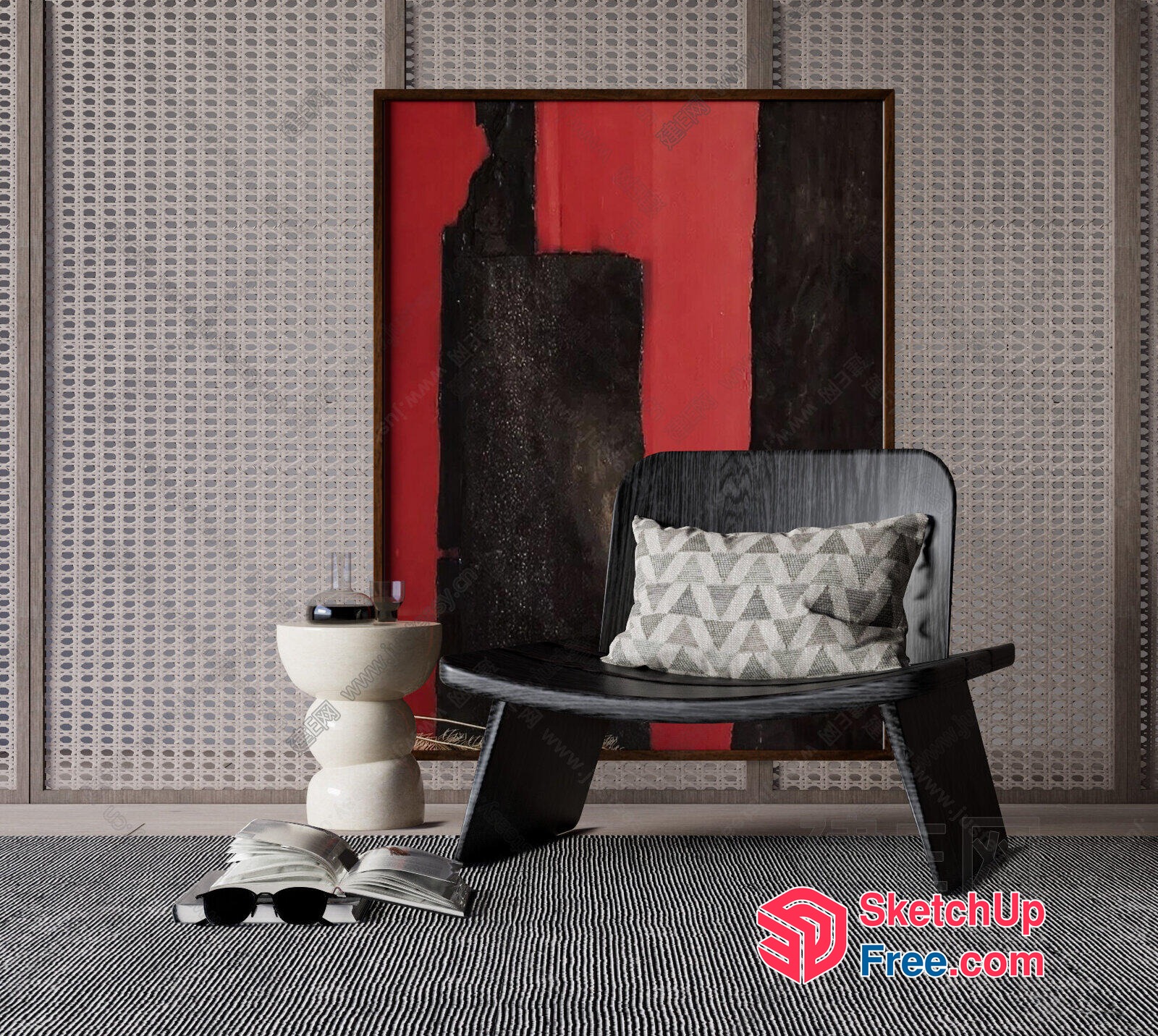 Modern Black And Red Accent Wall With Contemporary Chair 3D SketchUp File