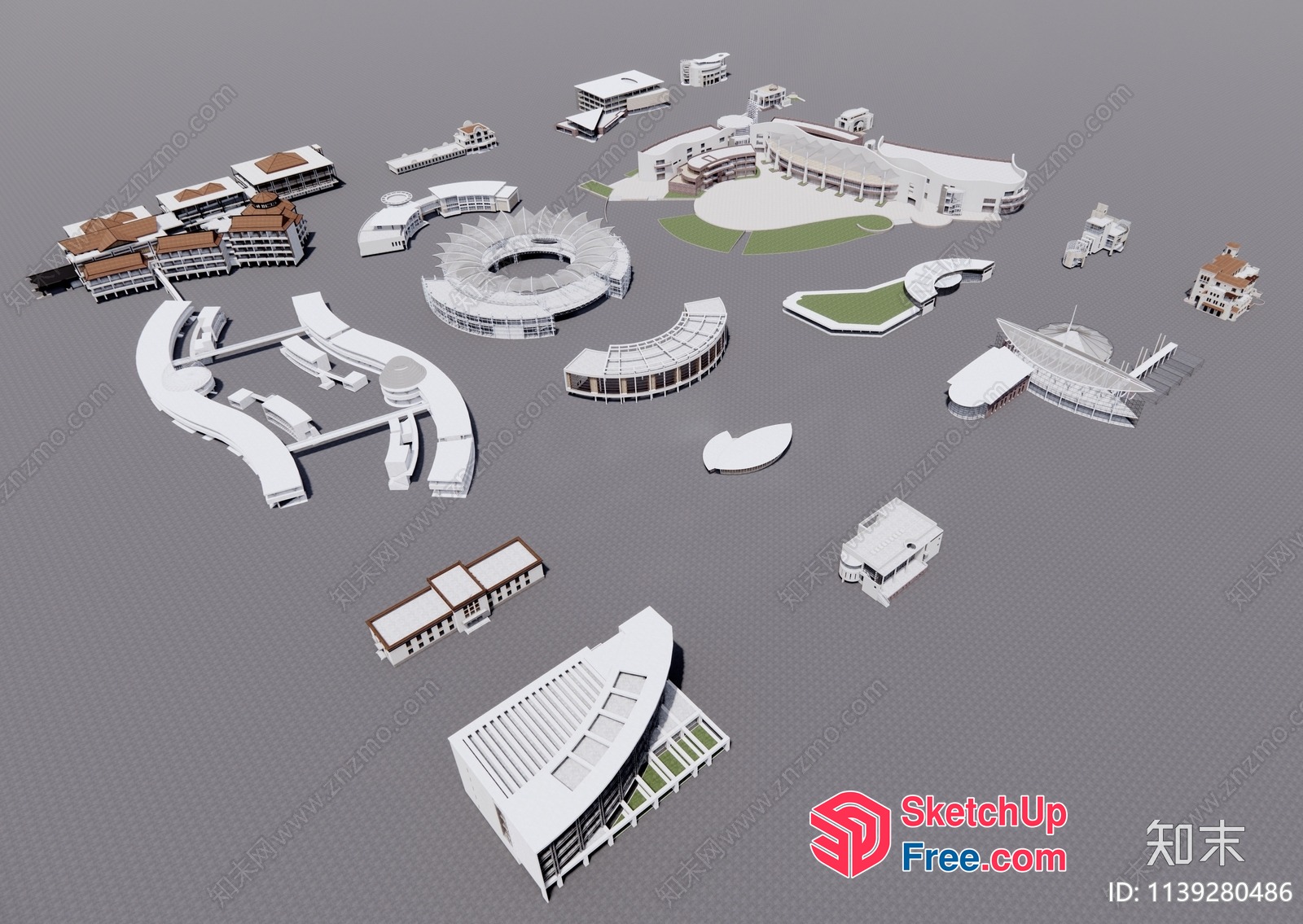 White Building Models With Various Architectural Features 3D SketchUp File