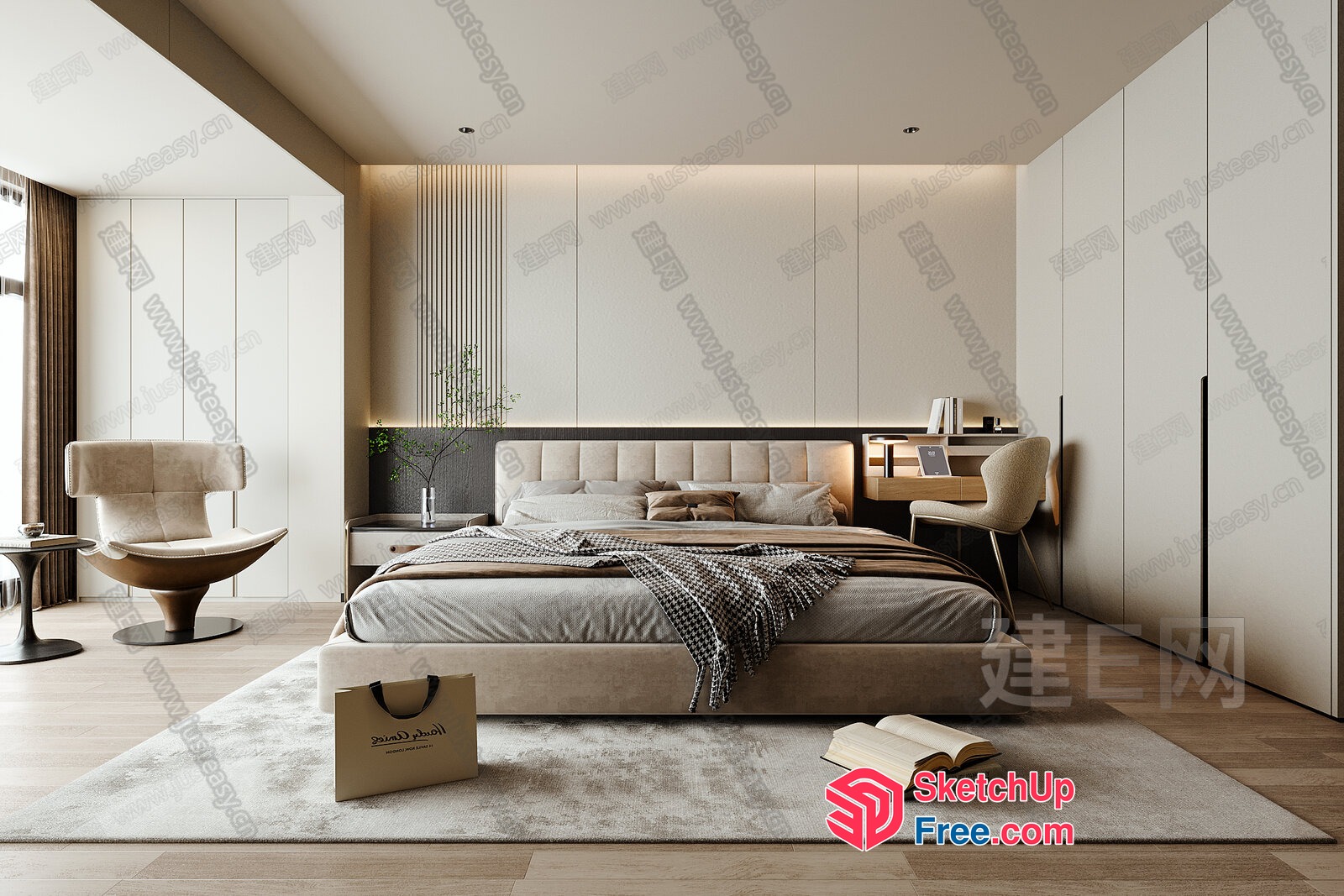 Modern Minimalist Bedroom With White And Brown Accents 3D SketchUp File