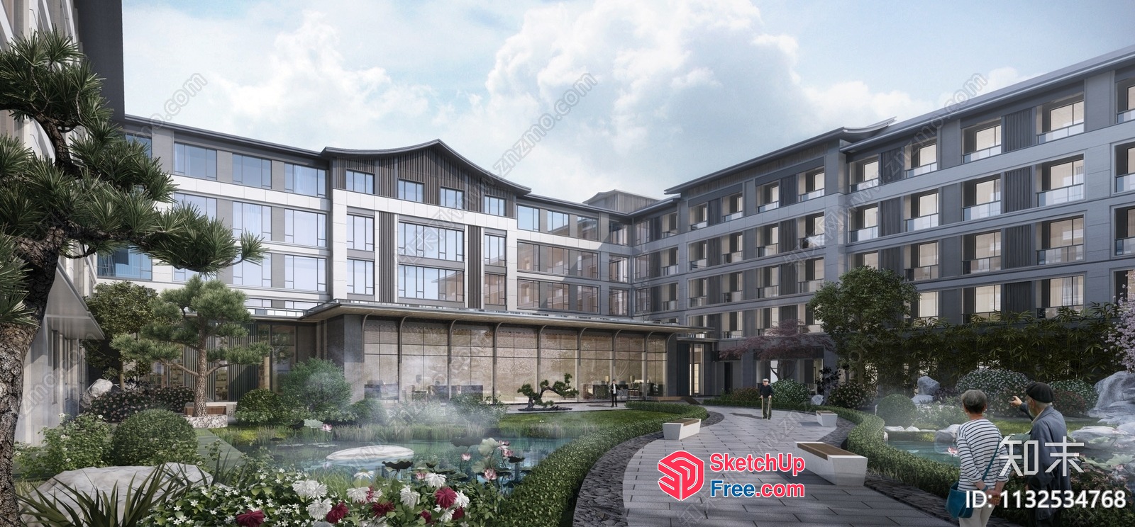 Exterior View Of Modern Building With Elegant Courtyard 3D SketchUp File