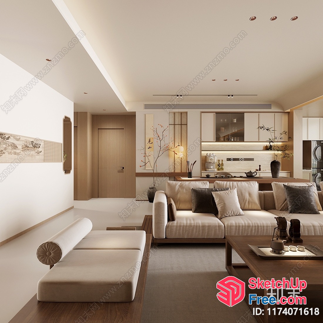 Modern Japanese Style Living Room With Neutral Color Scheme 3D SketchUp File