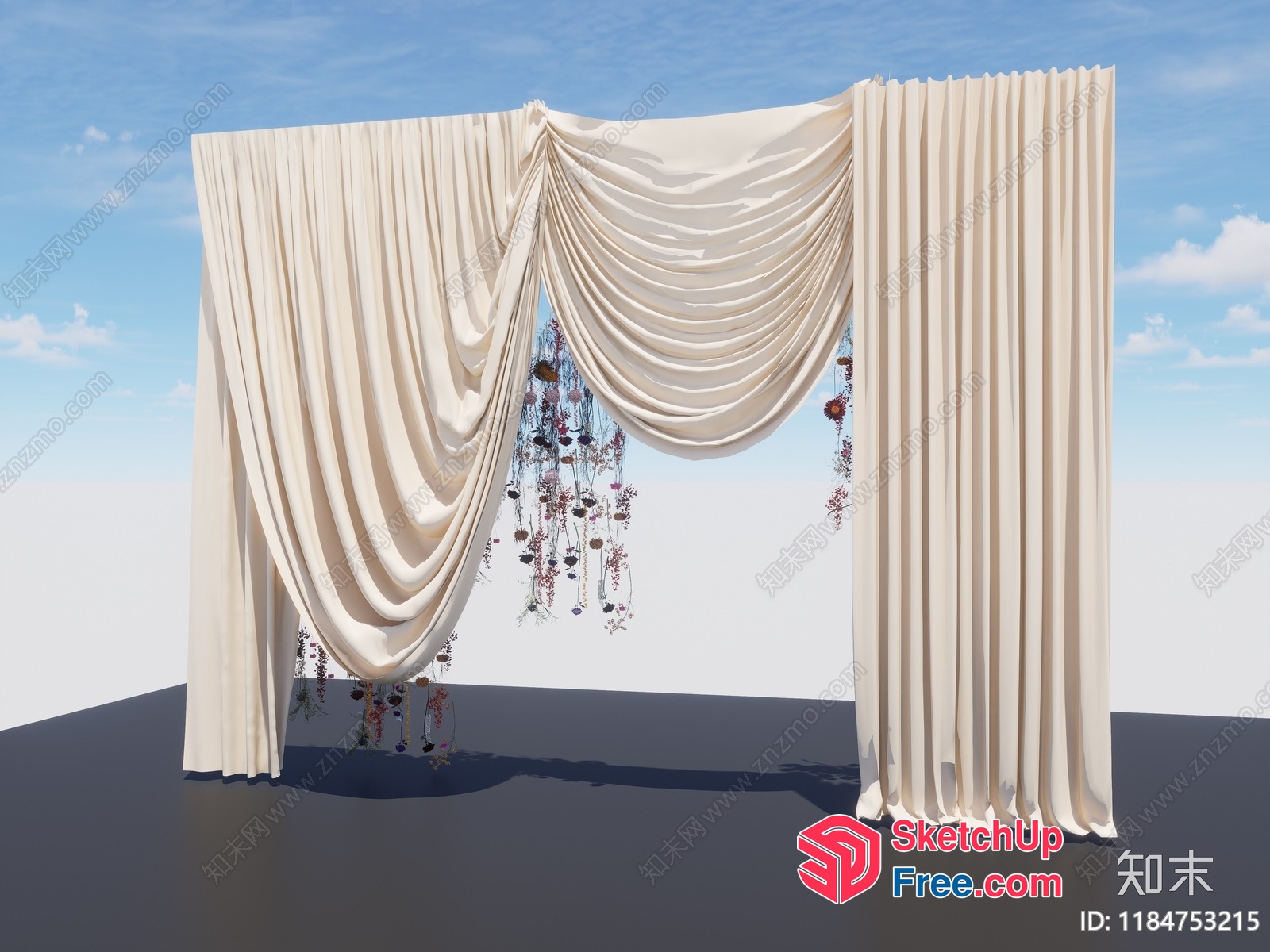 Elegant Creamy Style Curtain Drapes With Floral Accents 3D SketchUp File
