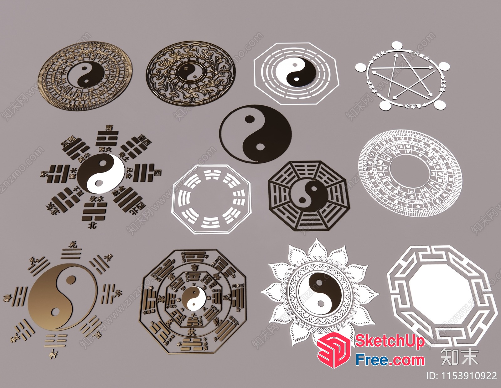 Yin Yang Symbols In Various Decorative Styles 3D SketchUp File
