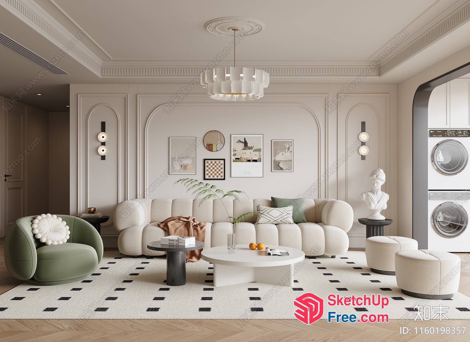 Modern Creamy Style Living Room With Elegant Pillars 3D SketchUp File