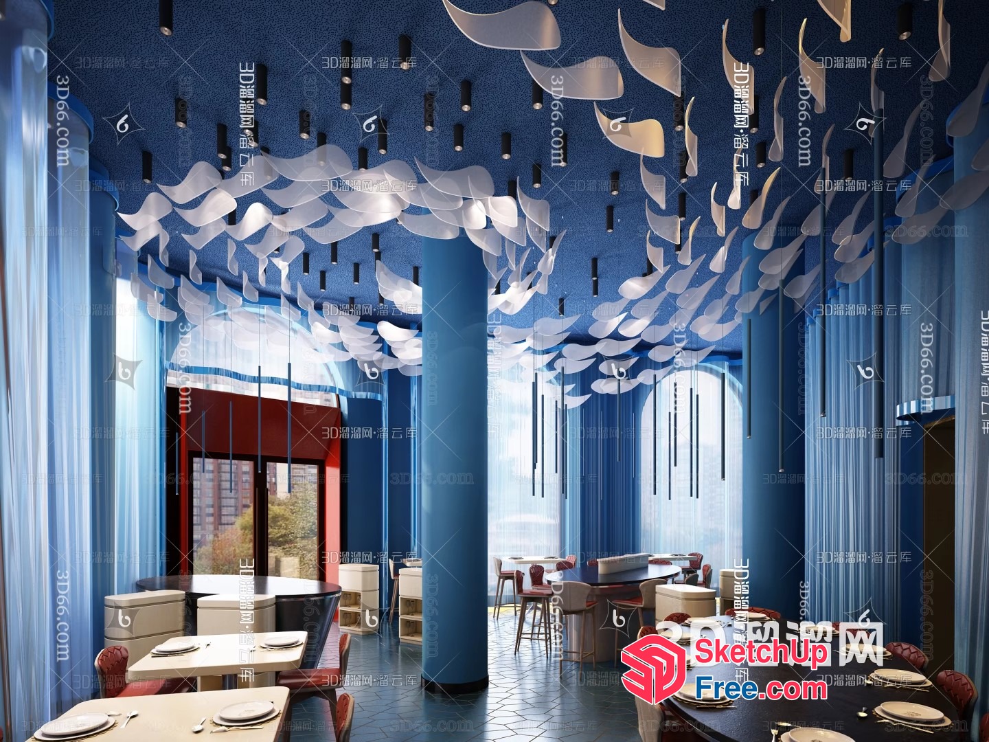 Elegant Restaurant Interior With Blue Pillars And Ceiling Decor 3D SketchUp File