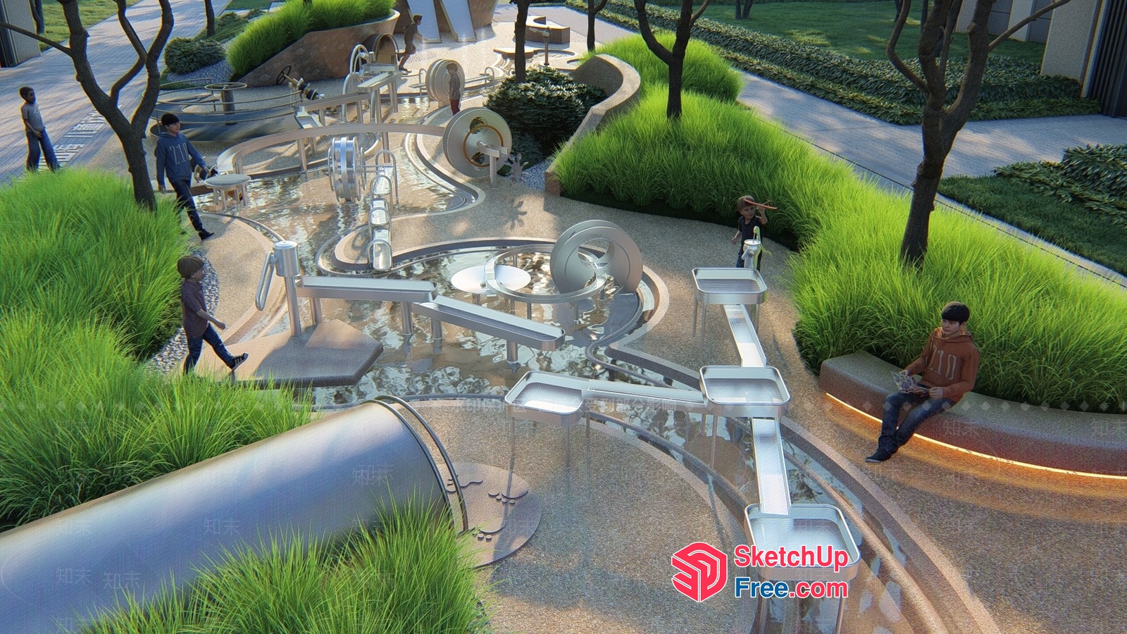 Modern Outdoor Playground With Water Features And Greenery 3D SketchUp File