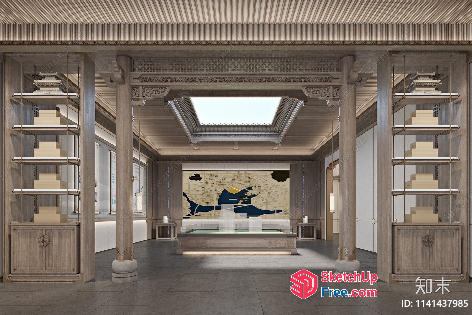 Classic Chinese Interior With Pillars And Stairs 3D SketchUp File