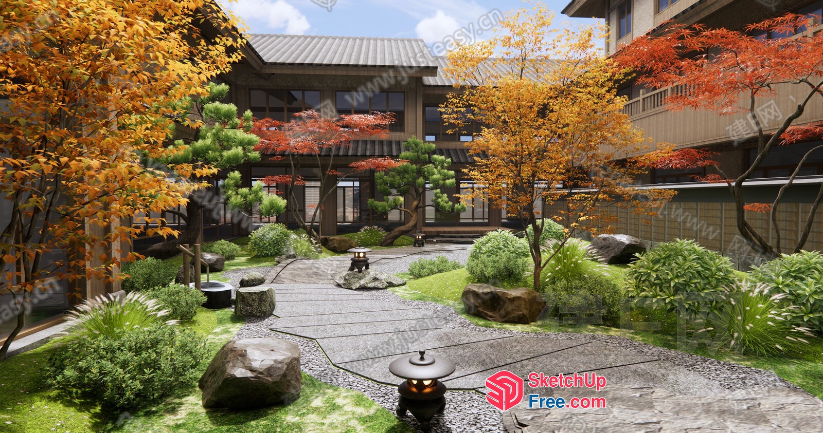 Japanese Style Garden With Traditional House 3D SketchUp File
