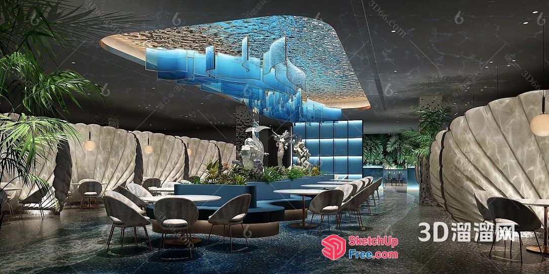 Modern Blue And Grey Restaurant Interior 3D SketchUp File