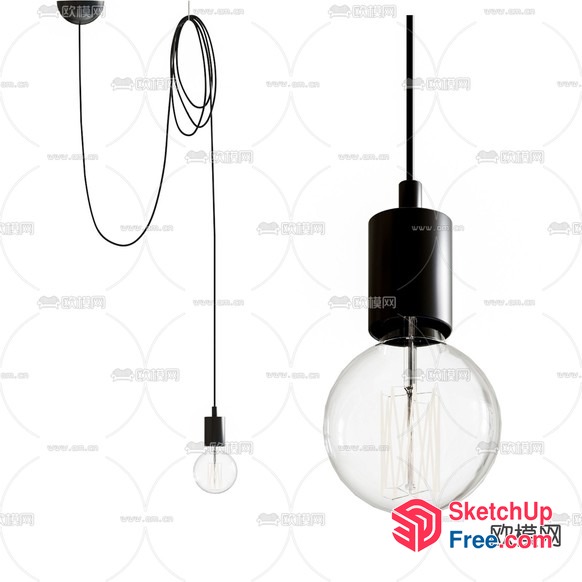 Hanging Light Fixture With Black Cord And Large Glass Bulb 3D SketchUp File