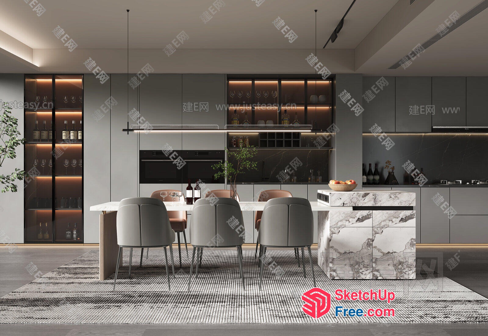 Modern Kitchen Dining Room With Marble Accents 3D SketchUp File