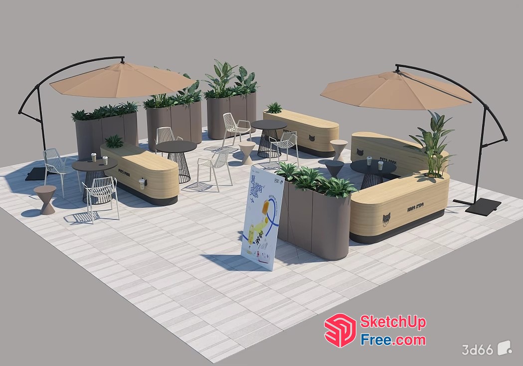 Outdoor Seating Area With Potted Plants And Tables 3D SketchUp File