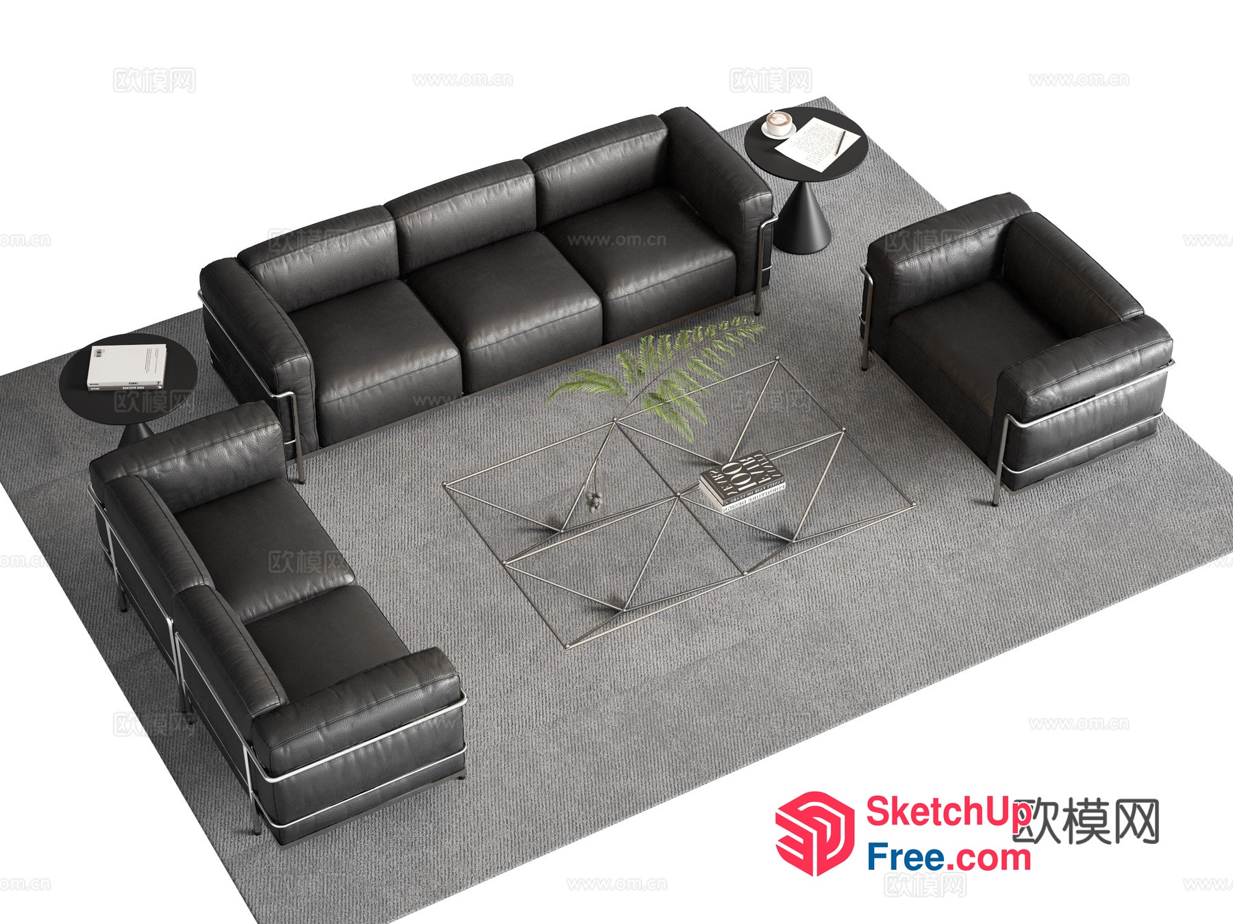Modern Minimalist Black Leather Sofa And Chair Set 3D SketchUp File