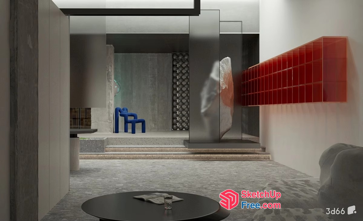 Modern Minimalist Interior With Glass Curtain Wall And Pillars 3D SketchUp File