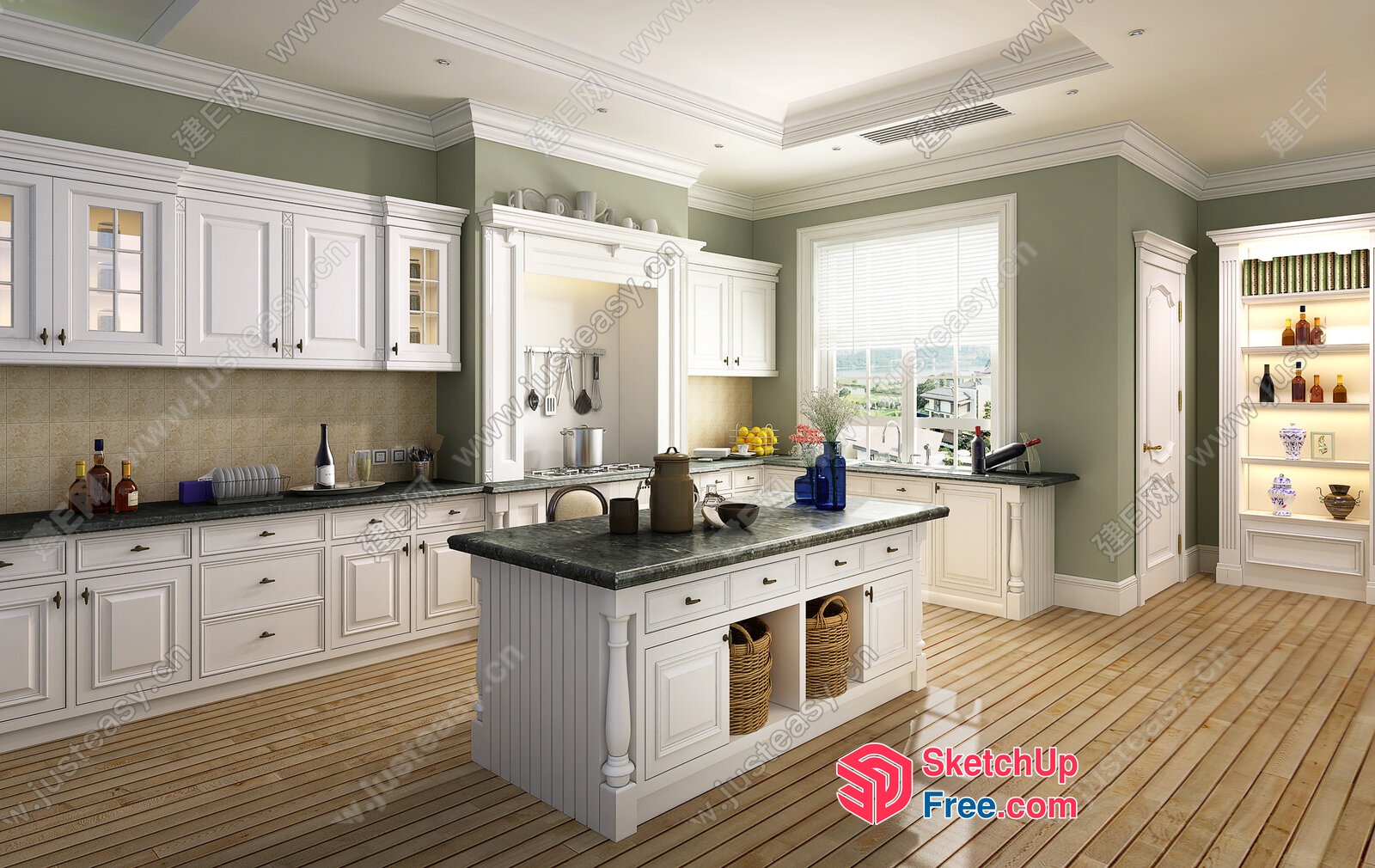 Elegant White Kitchen With Dark Granite Countertops 3D SketchUp File