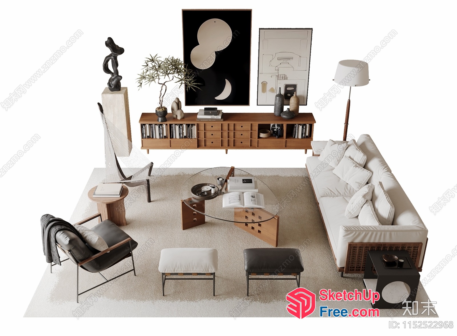Minimalist Japanese Style Living Room With Creamy Sofa 3D SketchUp File