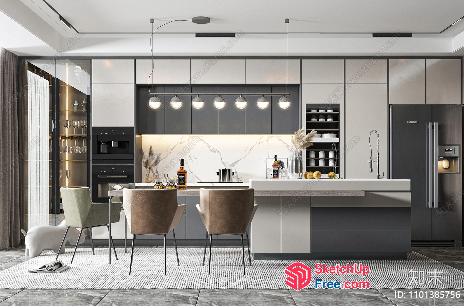 Modern Kitchen With White And Grey Color Scheme 3D SketchUp File