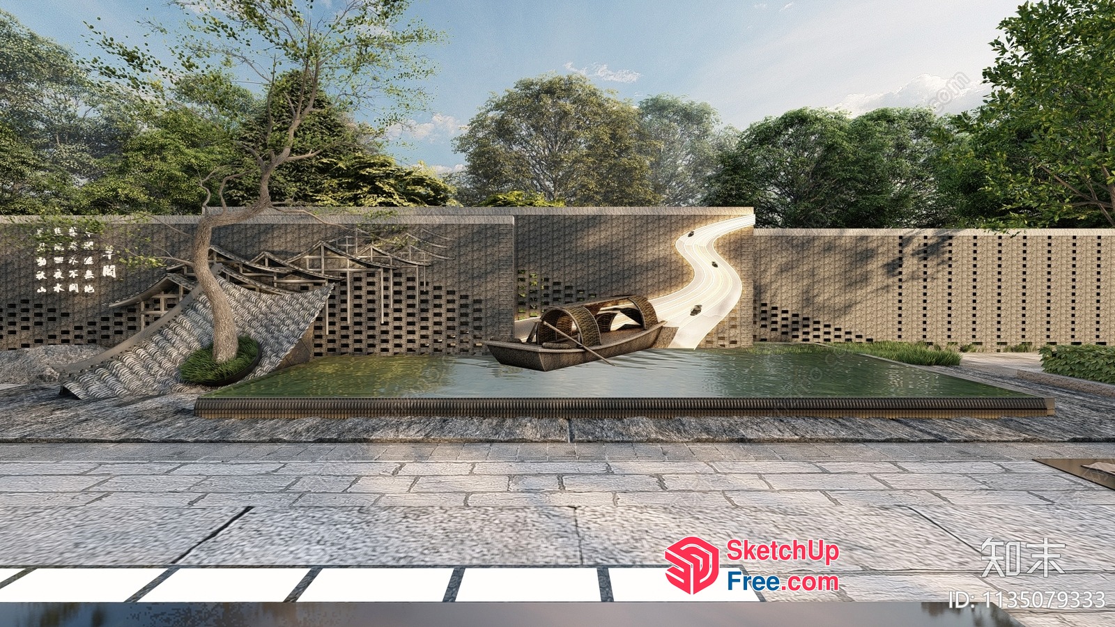 Serene Japanese-Style Water Feature With Traditional Boat 3D SketchUp File