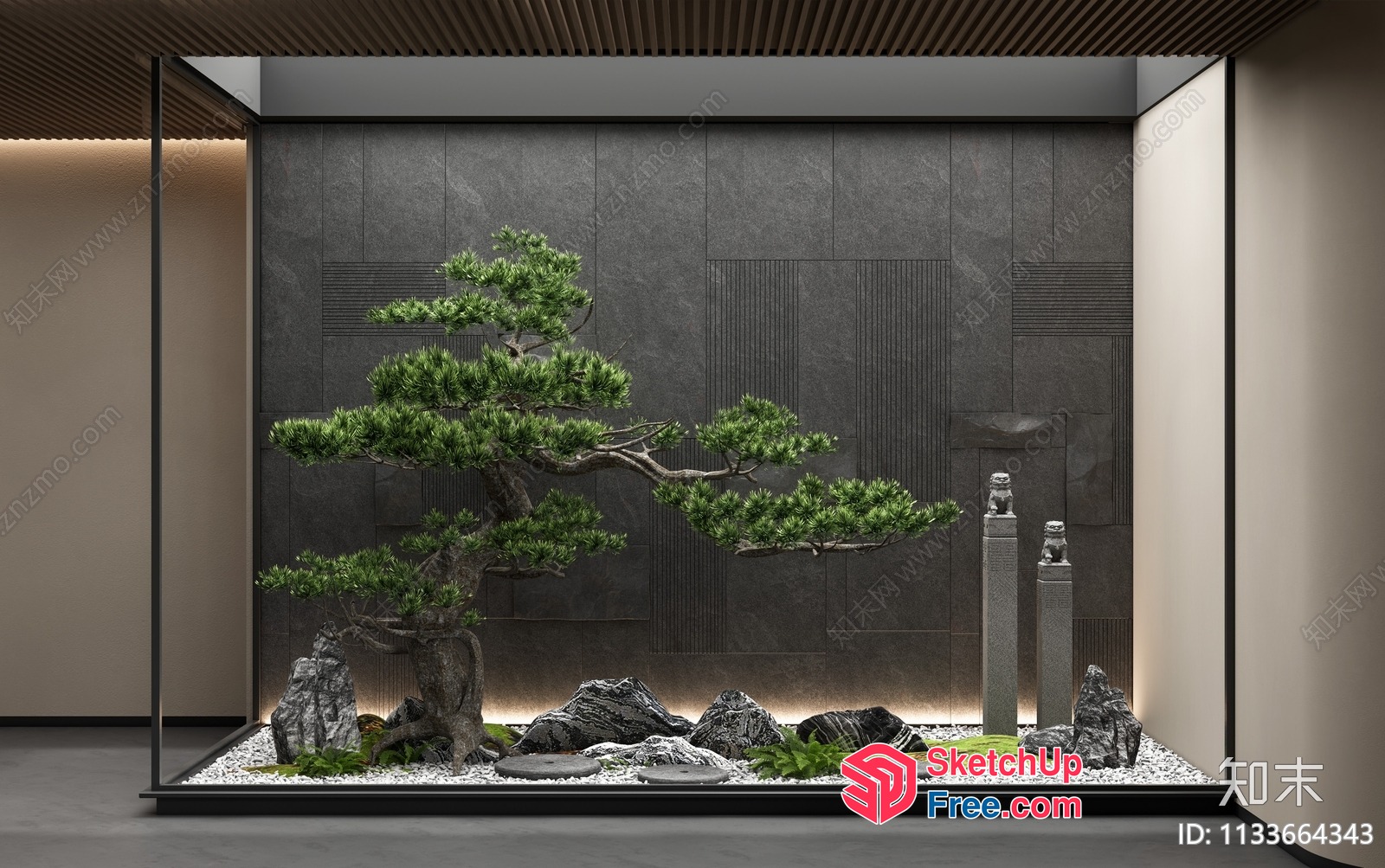Modern Zen Garden Interior With Stone And Pine Tree Decor 3D SketchUp File