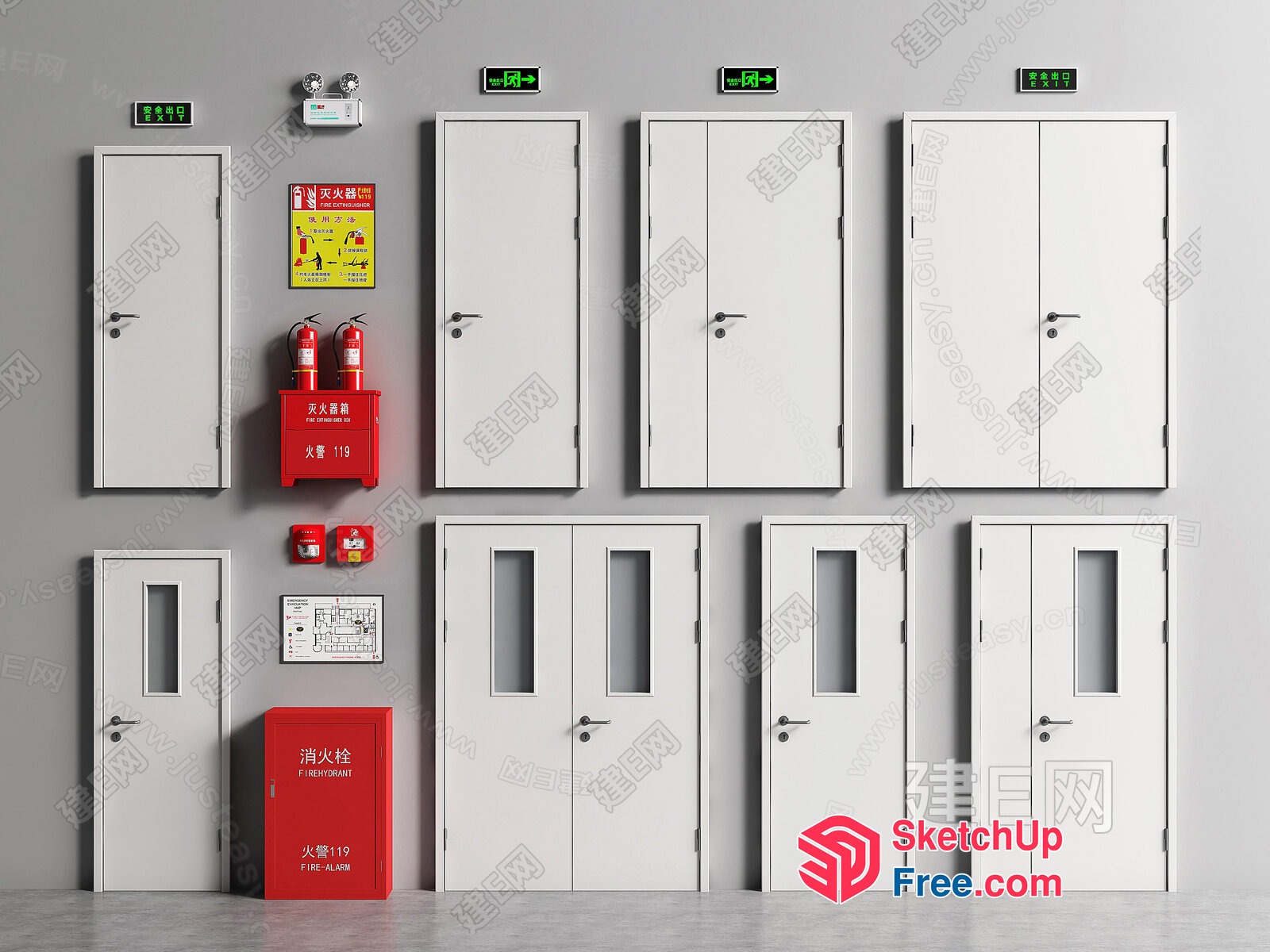 Emergency Exit Doors And Fire Safety Equipment 3D SketchUp File