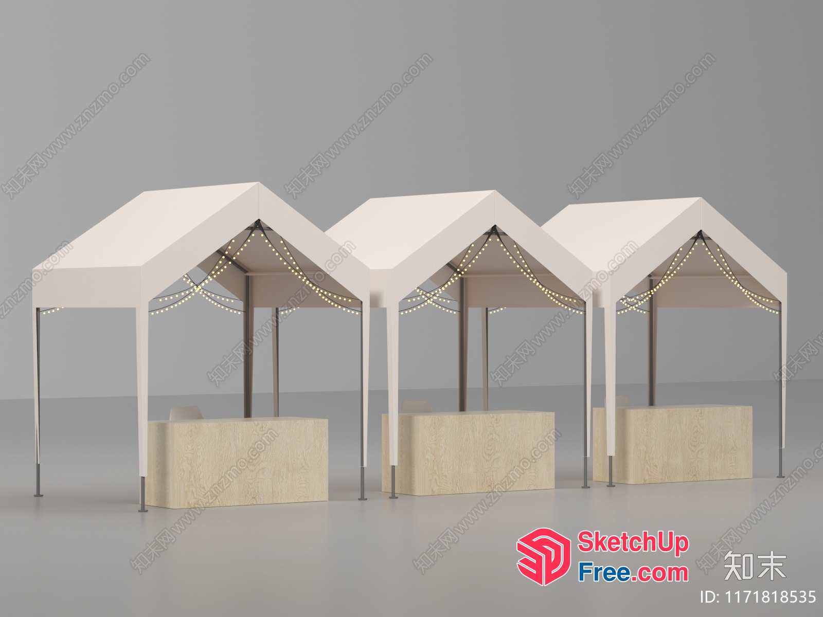 Outdoor Market Booths With White Canopies And Wooden Counters 3D SketchUp File