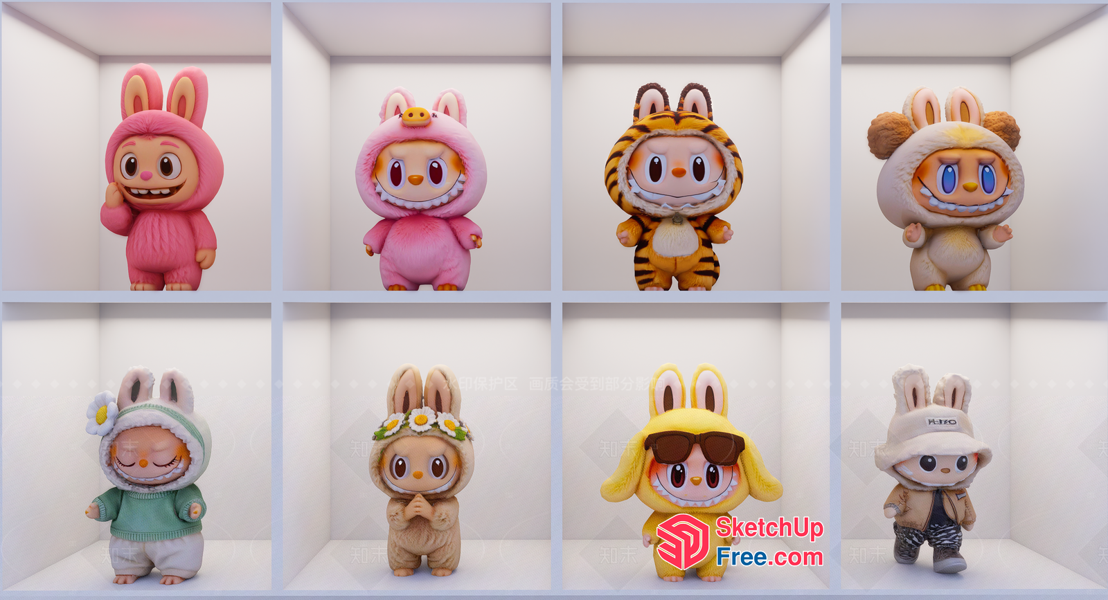 Adorable Cartoon Rabbit Figurines In Various Outfits 3D SketchUp File