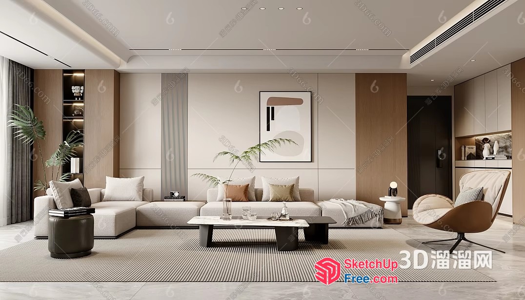 Modern Minimalist Living Room With Neutral Tones 3D SketchUp File