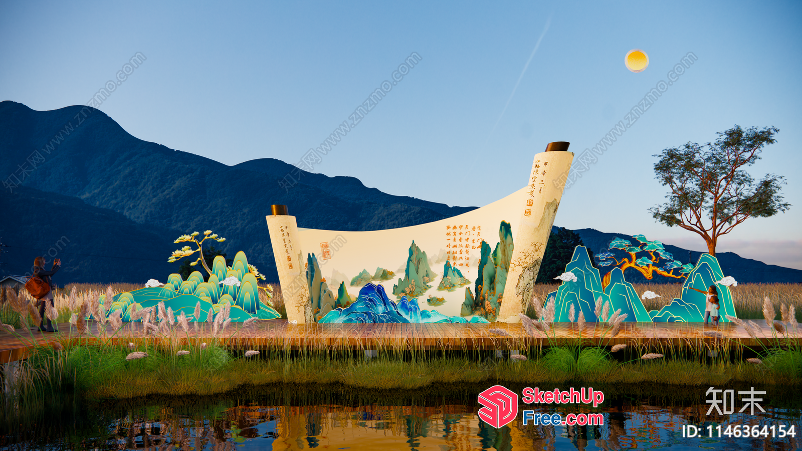 Japanese Style Mountain Landscape Scene With Traditional Decor 3D SketchUp File