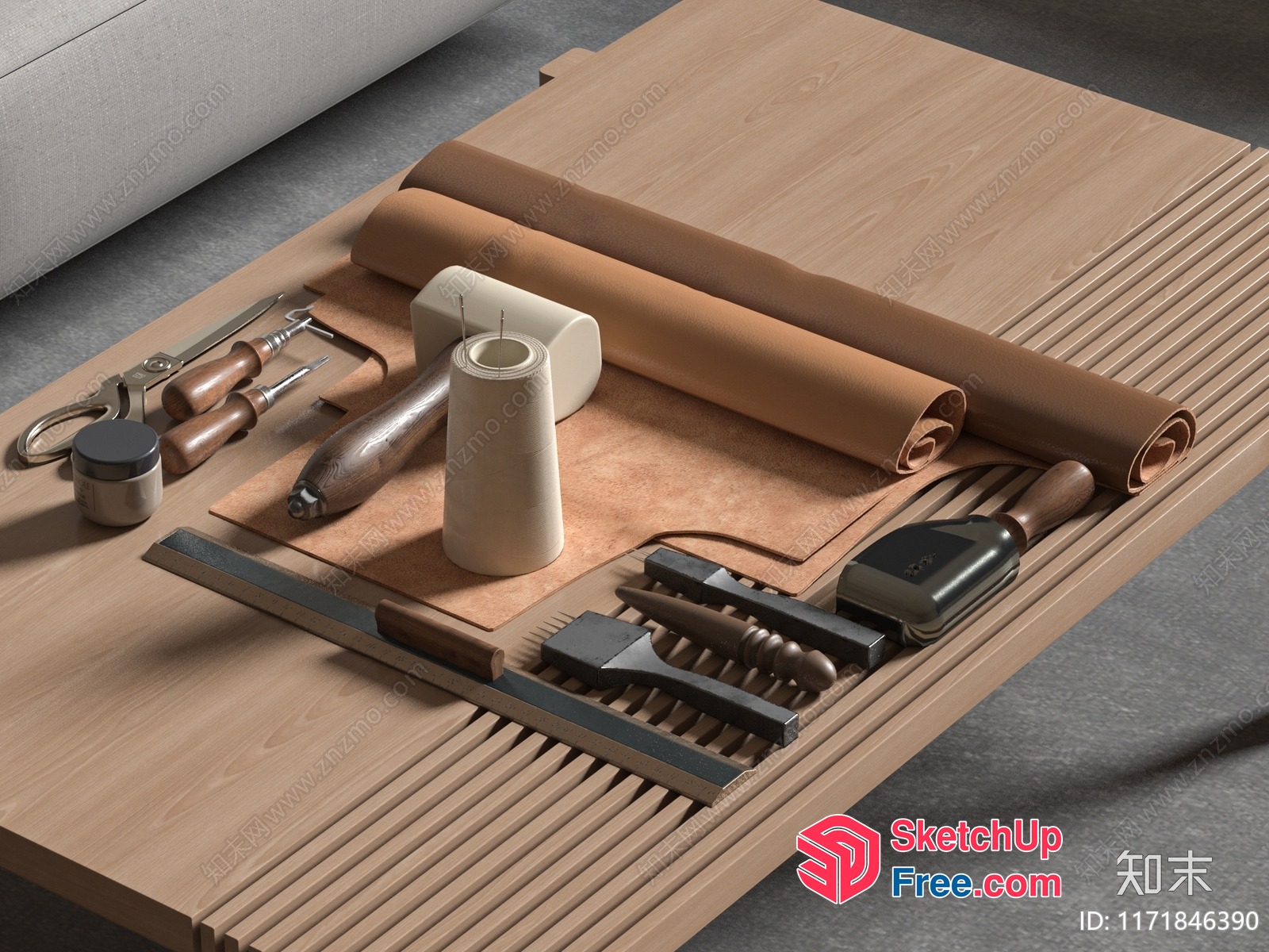 Leather Working Tools And Materials On A Wooden Table 3D SketchUp File