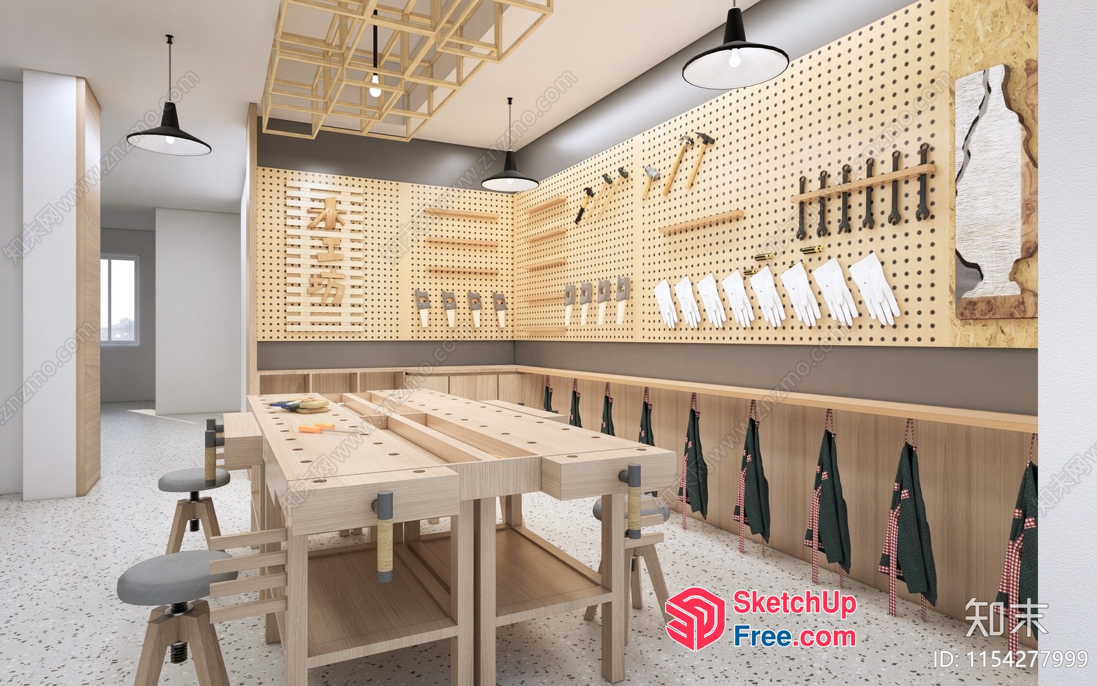 Modern Workshop With Workbenches And Pegboard Storage 3D SketchUp File