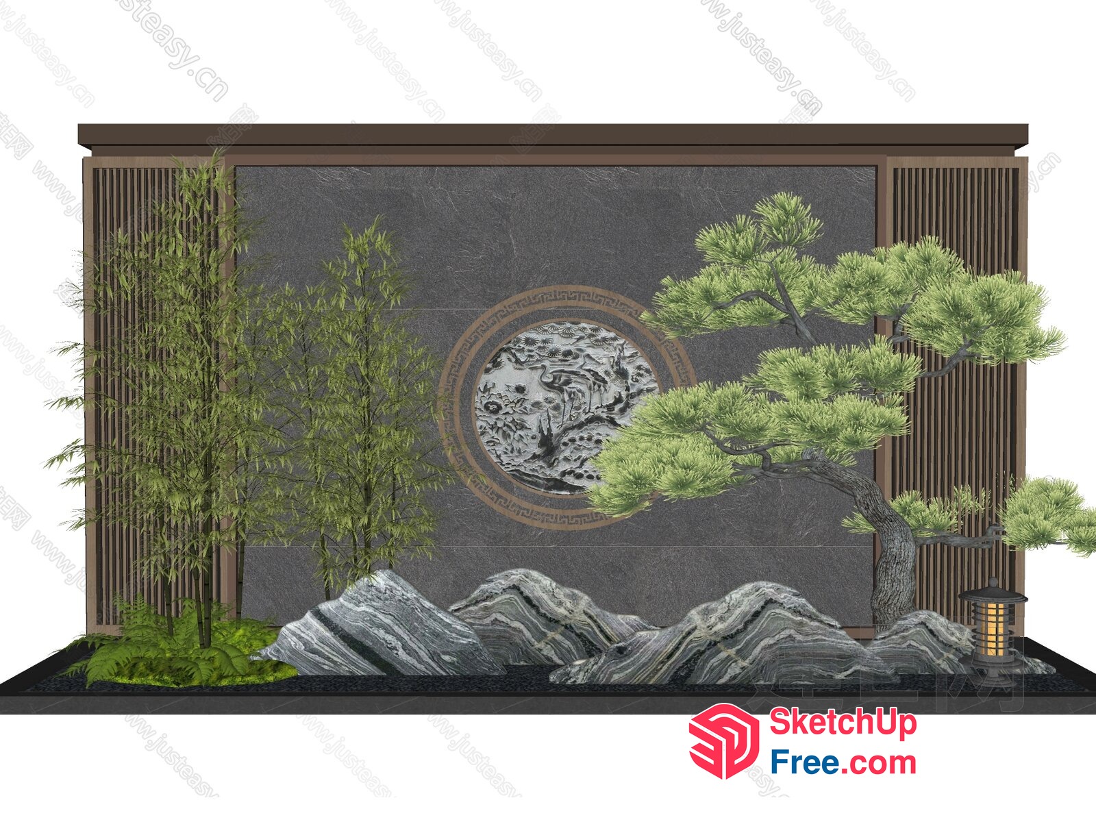 Japanese-Style Decorative Wall With Stone And Plant Elements 3D SketchUp File