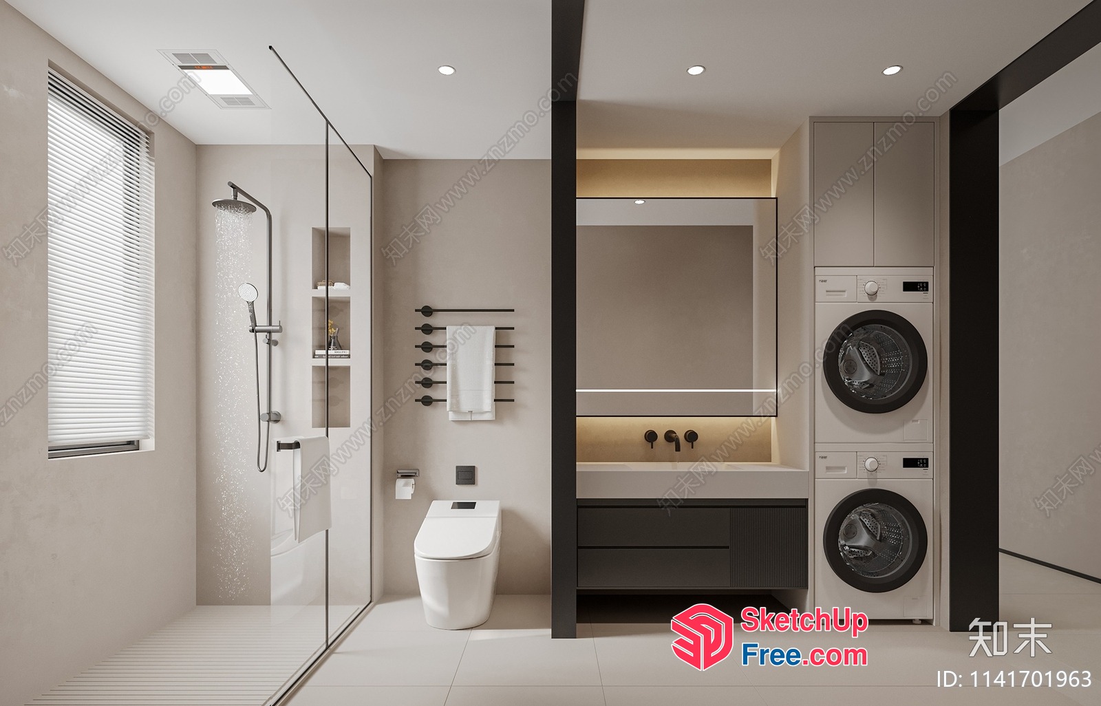 Modern Bathroom With Glass Shower And Washer 3D SketchUp File