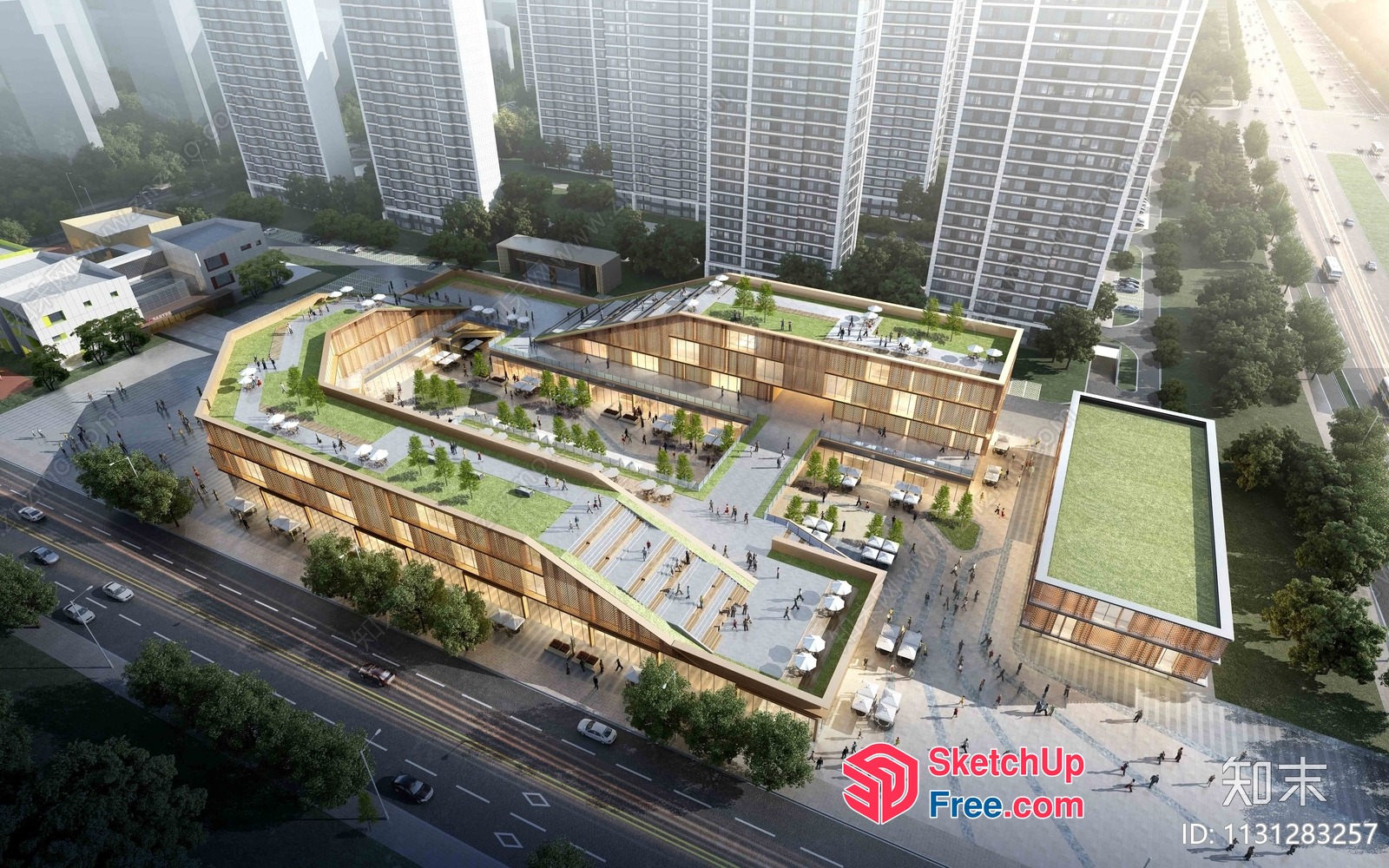 Modern Commercial Street With Rooftop Gardens And Urban Park 3D SketchUp File