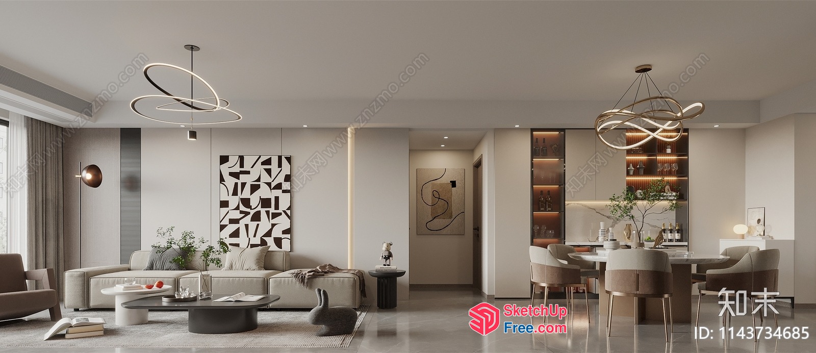 Modern Minimalist Living Room With Elegant Dining Area 3D SketchUp File